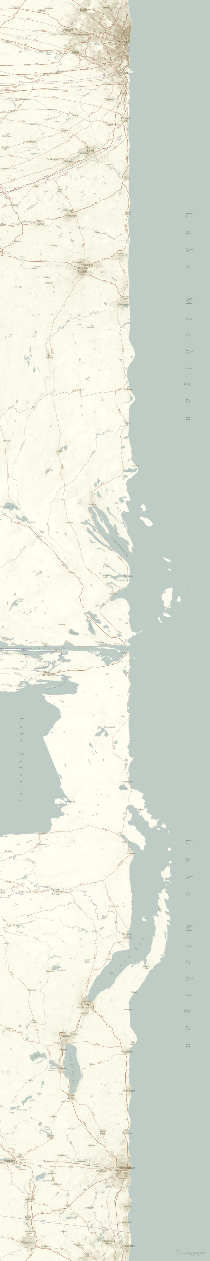 A linear map of Lake Michigan